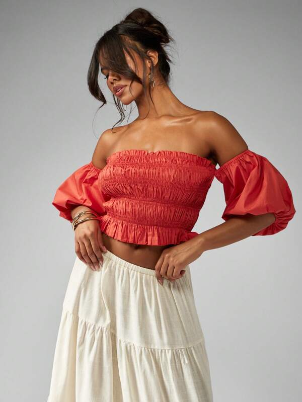 missguided MISSGUIDED Off Shoulder Shirred Ruched Puff Sleeves Crop Top