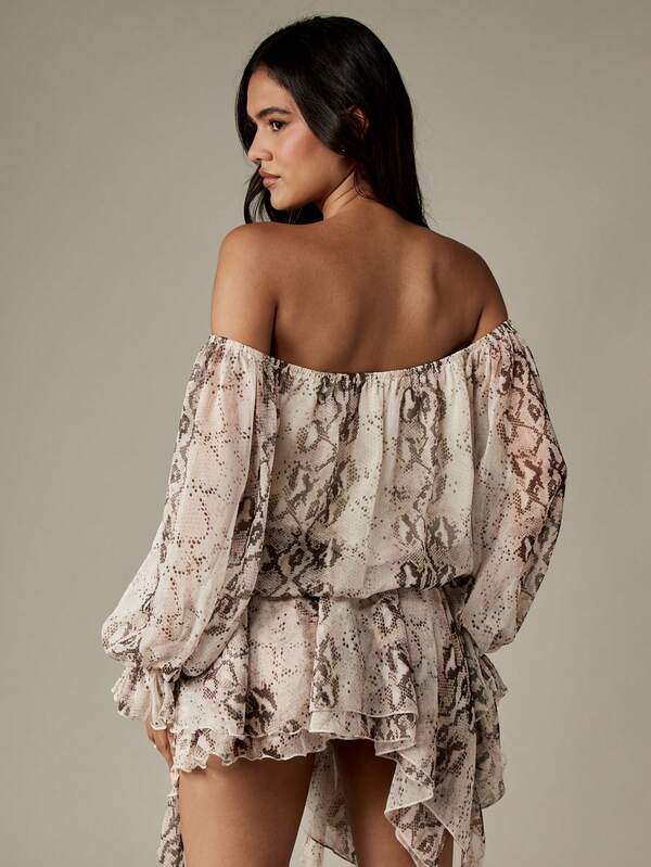 Missguided MISSGUIDED Off Shoulder Snake Print Dress With Ruffled Hem And Puff Sleeves