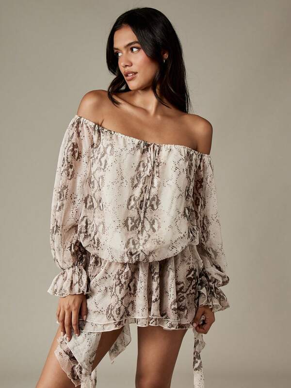 Missguided MISSGUIDED Off Shoulder Snake Print Dress With Ruffled Hem And Puff Sleeves