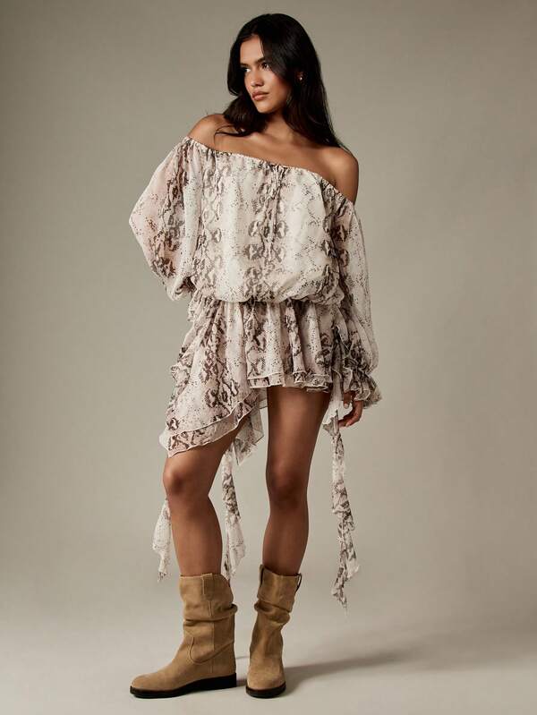 Missguided MISSGUIDED Off Shoulder Snake Print Dress With Ruffled Hem And Puff Sleeves