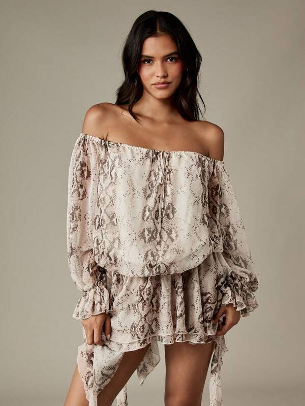 missguided MISSGUIDED Off Shoulder Snake Print Dress With Ruffled Hem And Puff Sleeves