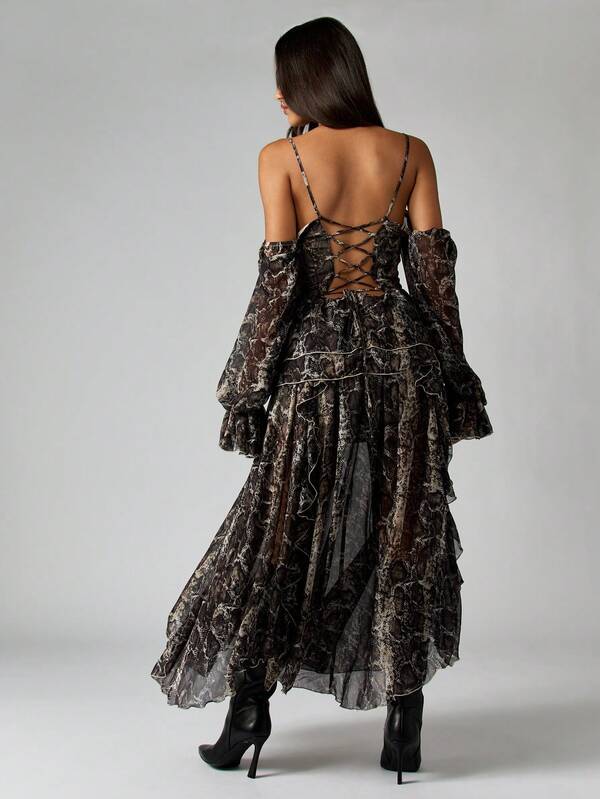 Missguided MISSGUIDED Off Shoulder Snake Print Maxi Dress With Ruffled Sleeves