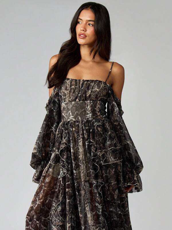 Missguided MISSGUIDED Off Shoulder Snake Print Maxi Dress With Ruffled Sleeves