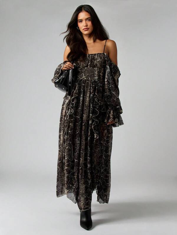 Missguided MISSGUIDED Off Shoulder Snake Print Maxi Dress With Ruffled Sleeves