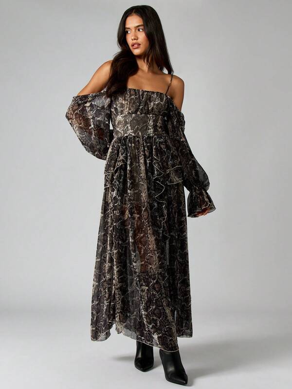 missguided MISSGUIDED Off Shoulder Snake Print Maxi Dress With Ruffled Sleeves