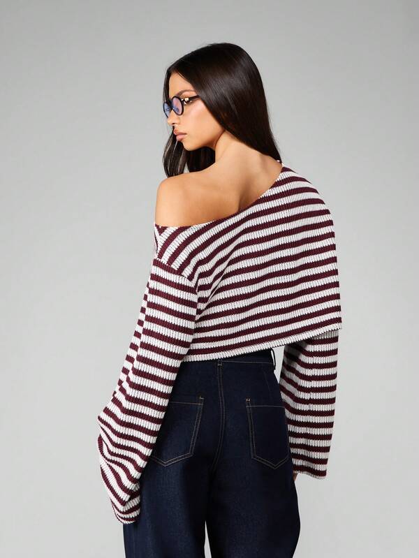 Missguided MISSGUIDED Off Shoulder Striped Cropped Sweater With Long Sleeves