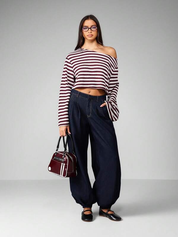 Missguided MISSGUIDED Off Shoulder Striped Cropped Sweater With Long Sleeves