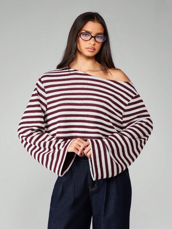 Missguided MISSGUIDED Off Shoulder Striped Cropped Sweater With Long Sleeves