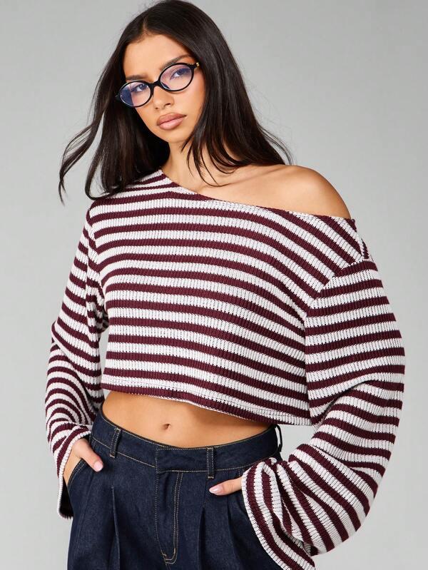 missguided MISSGUIDED Off Shoulder Striped Cropped Sweater With Long Sleeves