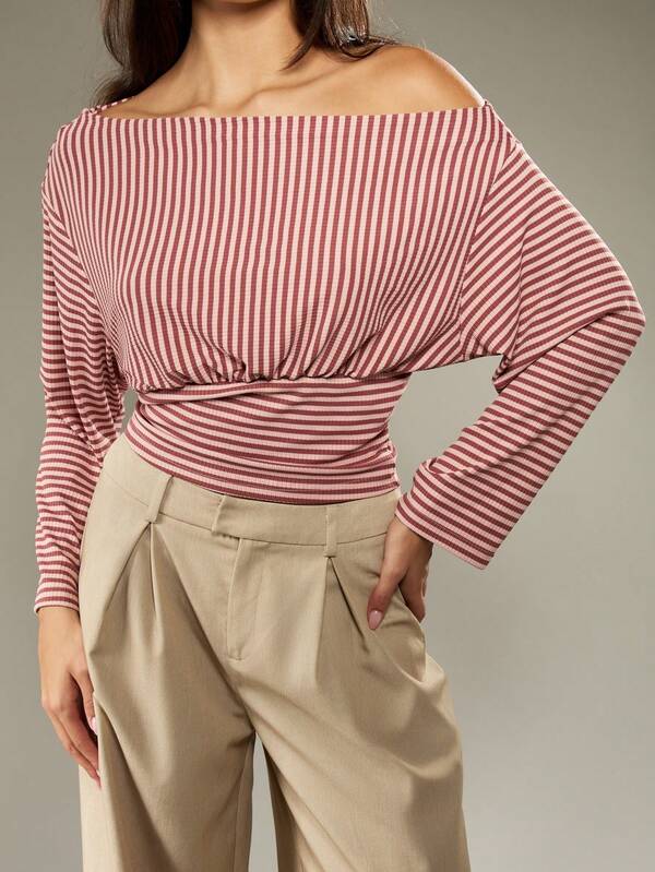 Missguided MISSGUIDED Off Shoulder Striped Fitted Top With Ruched Waist