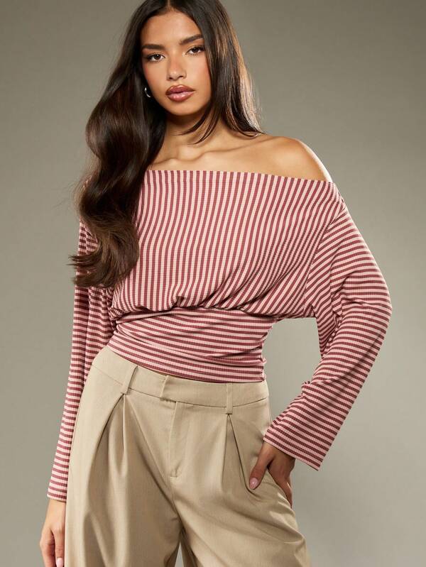 missguided MISSGUIDED Off Shoulder Striped Fitted Top With Ruched Waist