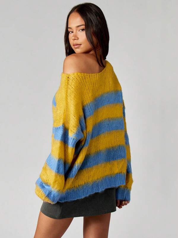 Missguided MISSGUIDED Off Shoulder Striped Knit Sweater With Long Sleeves