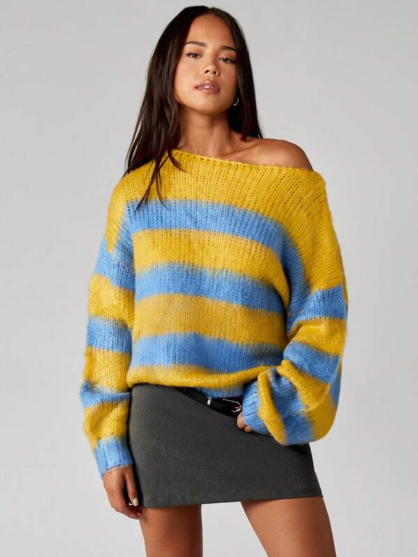 Missguided MISSGUIDED Off Shoulder Striped Knit Sweater With Long Sleeves