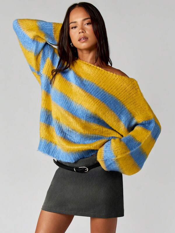 missguided MISSGUIDED Off Shoulder Striped Knit Sweater With Long Sleeves