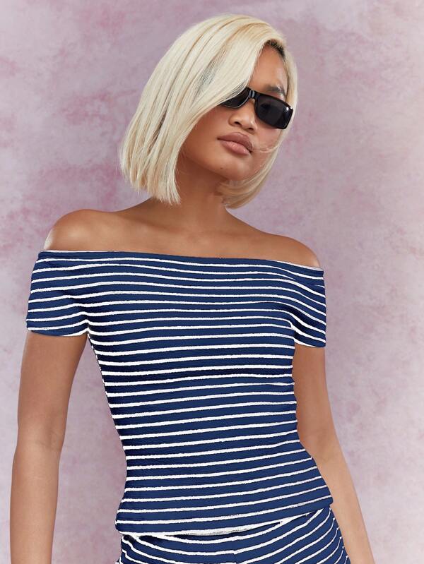 Missguided MISSGUIDED Off Shoulder Striped Textured Ribbed Co-Ord Set