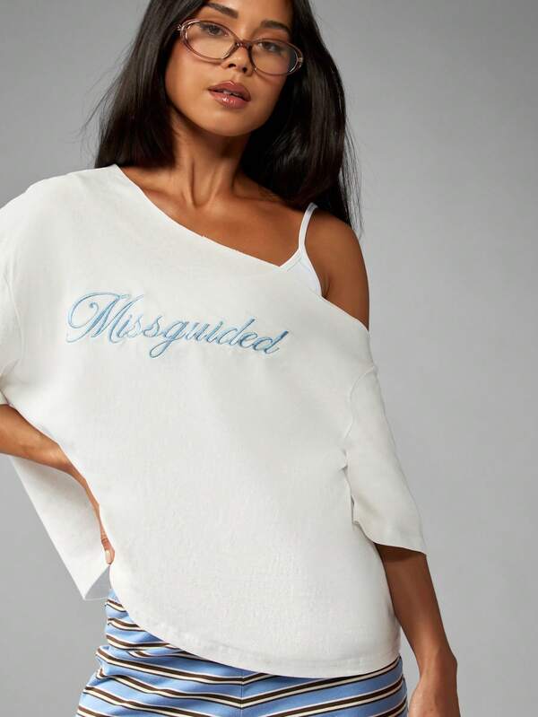Missguided MISSGUIDED Off Shoulder T-Shirt With Script Design