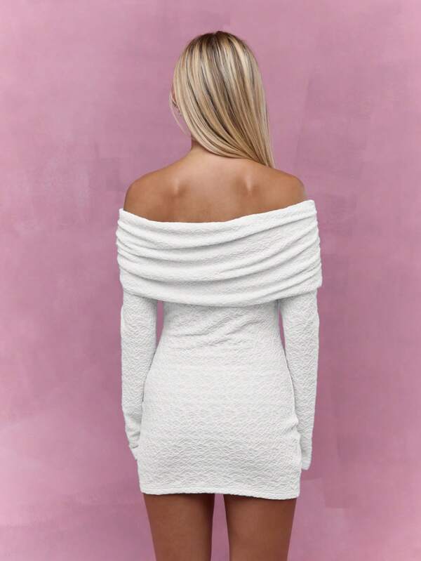 Missguided MISSGUIDED Off Shoulder Textured Draped Bodycon Long Sleeve Mini Dress