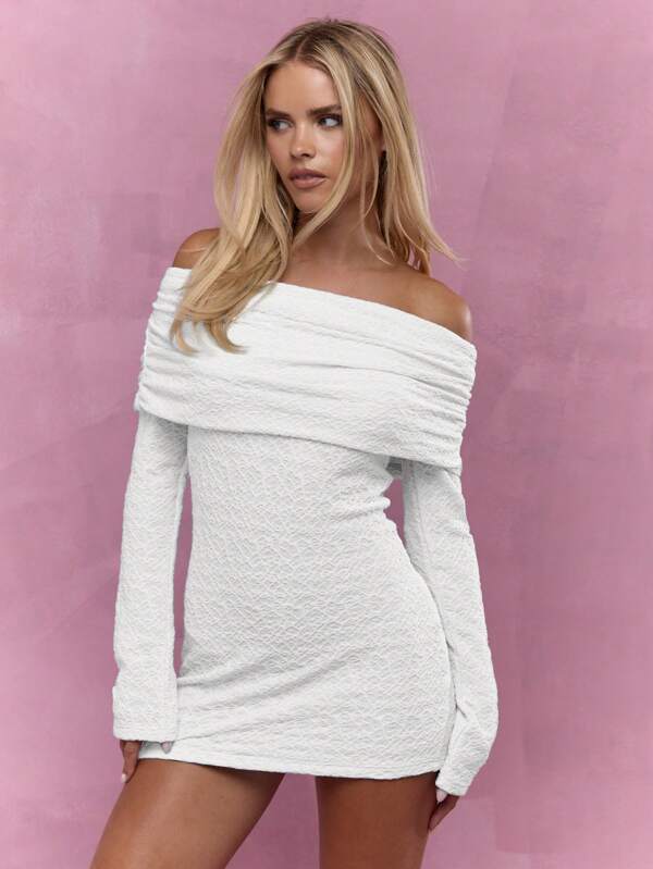 missguided MISSGUIDED Off Shoulder Textured Draped Bodycon Long Sleeve Mini Dress