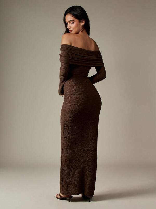 Missguided MISSGUIDED Off Shoulder Textured Knit Bodycon Dress With Ruched Overlay