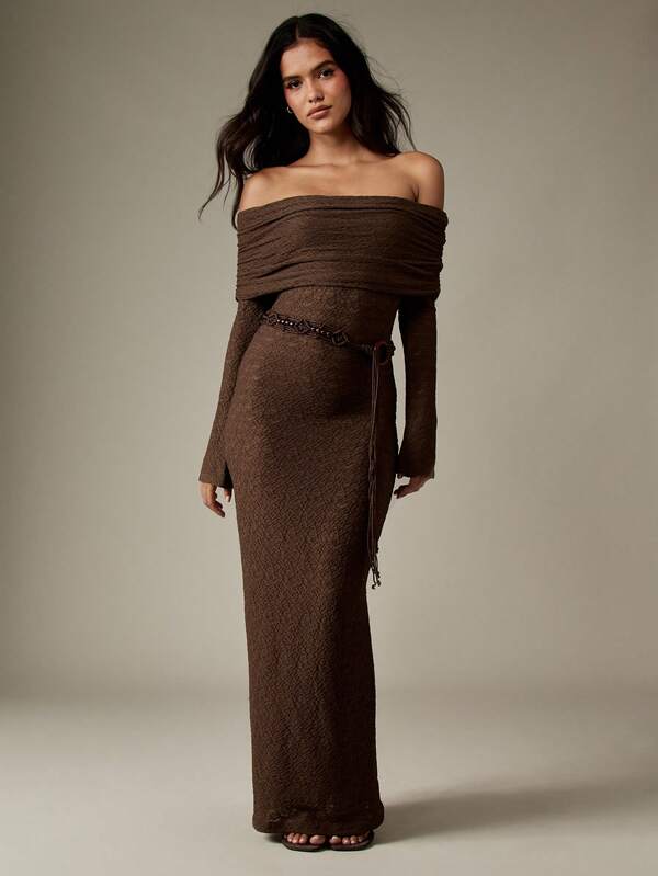 Missguided MISSGUIDED Off Shoulder Textured Knit Bodycon Dress With Ruched Overlay