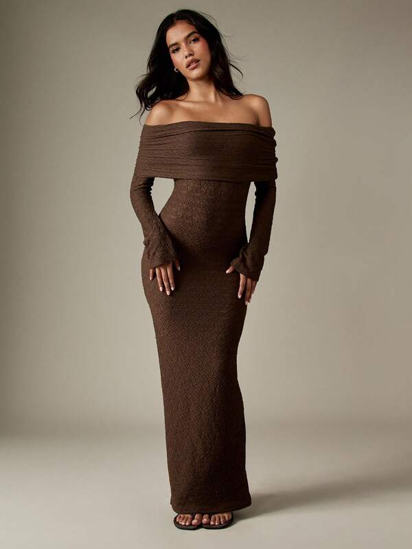 missguided MISSGUIDED Off Shoulder Textured Knit Bodycon Dress With Ruched Overlay