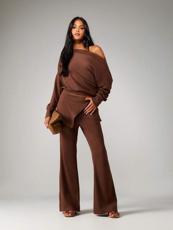 missguided MISSGUIDED Off Shoulder Top With Bell Bottom Pants Coordinated Set