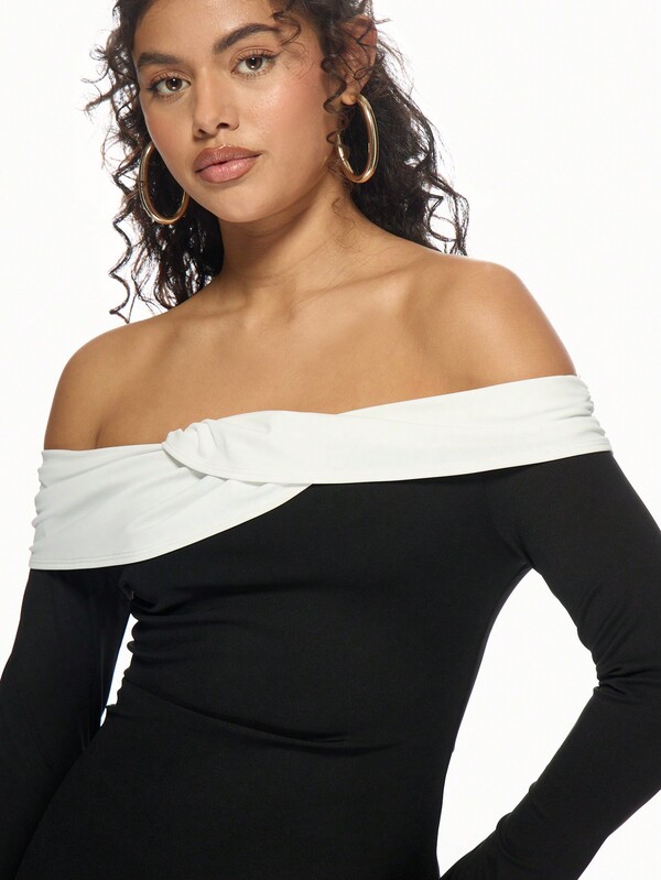 Missguided MISSGUIDED Off Shoulder Twisted Front Long Sleeve Bodycon Mini Dress