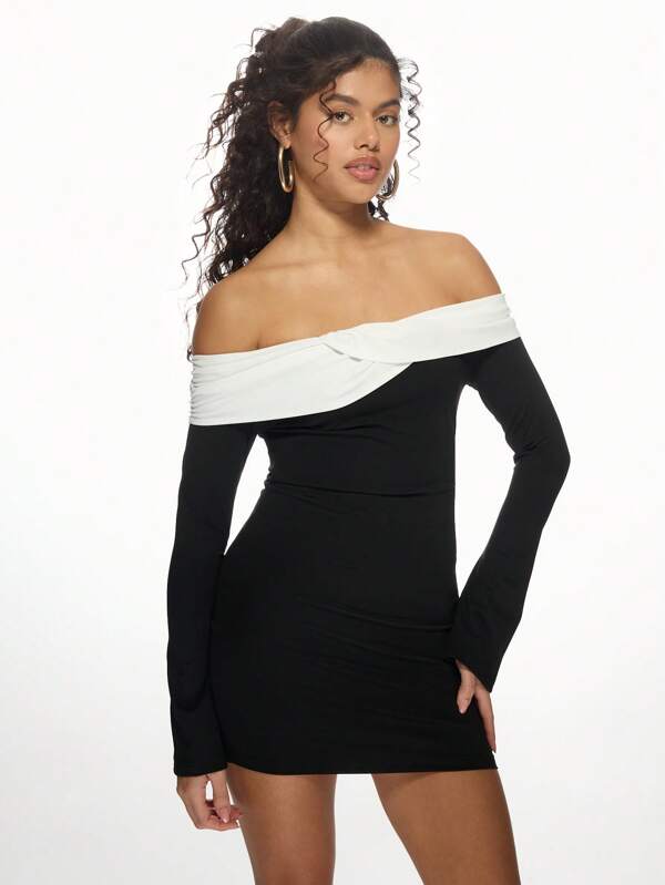 missguided MISSGUIDED Off Shoulder Twisted Front Long Sleeve Bodycon Mini Dress