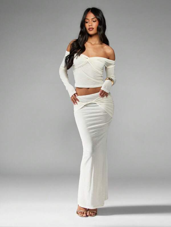 Missguided MISSGUIDED Off Shoulder Twisted Long Sleeve Crop Top Maxi Skirt Two Piece Outfit