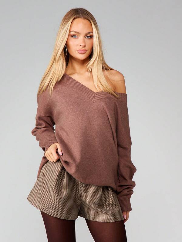 missguided MISSGUIDED Off Shoulder V-Neck Oversized Knit Sweater