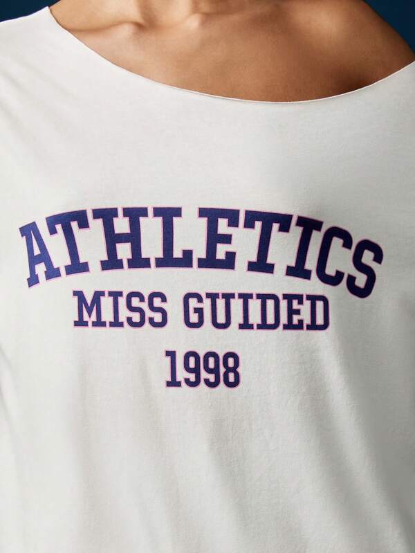 Missguided MISSGUIDED Off Shoulder Varsity Print T-Shirt With Loose Fit
