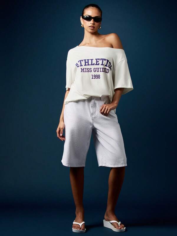 Missguided MISSGUIDED Off Shoulder Varsity Print T-Shirt With Loose Fit