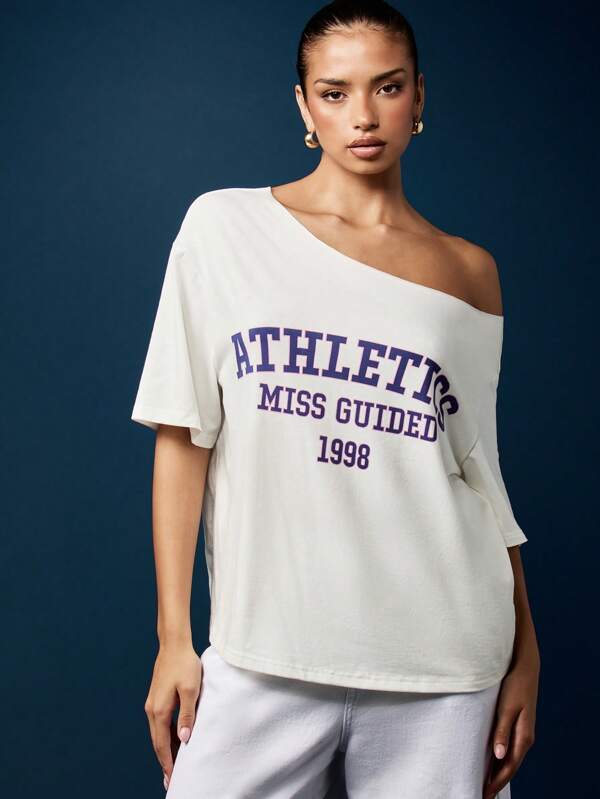 missguided MISSGUIDED Off Shoulder Varsity Print T-Shirt With Loose Fit