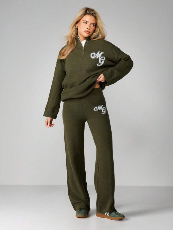 Missguided MISSGUIDED Olive Wide Leg Knit Pants With Logo