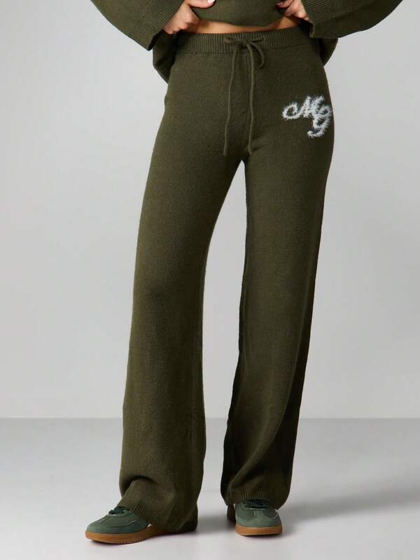 missguided MISSGUIDED Olive Wide Leg Knit Pants With Logo
