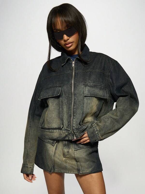 Missguided MISSGUIDED Ombre Denim Bomber Jacket With Gradient Wash Effect