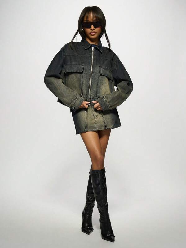 Missguided MISSGUIDED Ombre Denim Bomber Jacket With Gradient Wash Effect