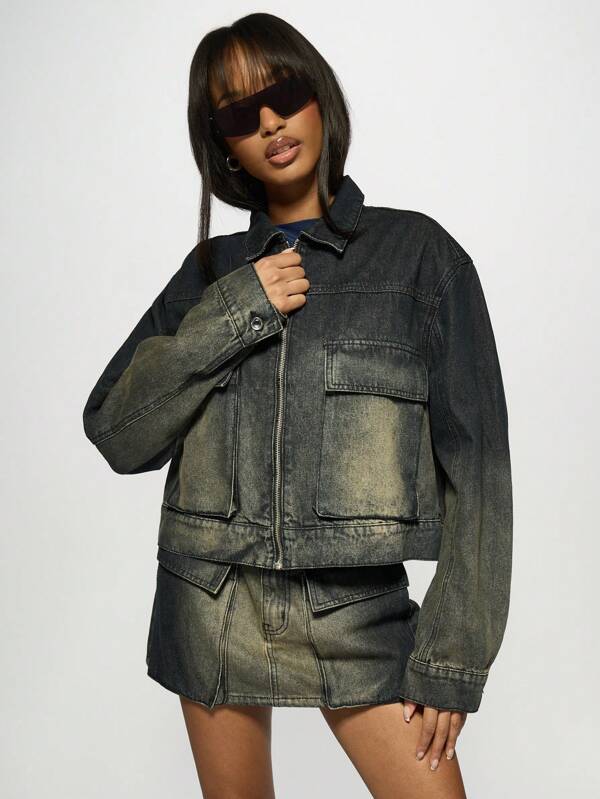missguided MISSGUIDED Ombre Denim Bomber Jacket With Gradient Wash Effect