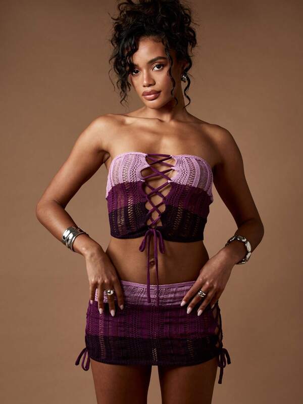 missguided MISSGUIDED Ombre Lace Up Crochet Corset Co Ord Set