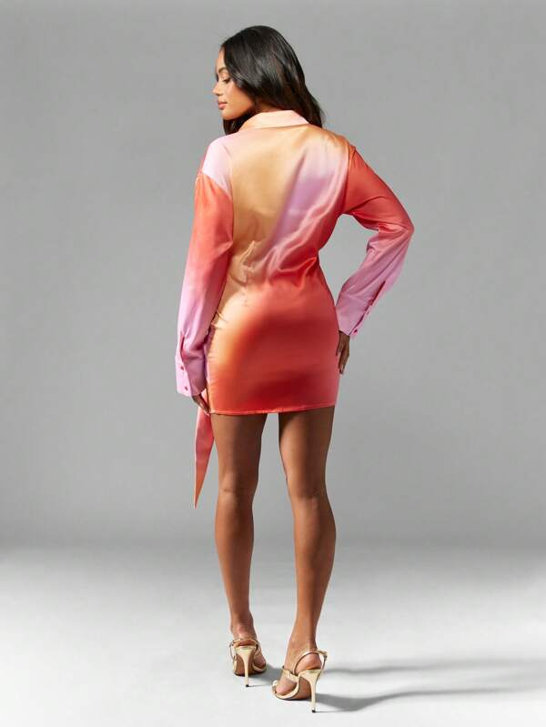 Missguided MISSGUIDED Ombre Satin Knot Detail Shirt Mini Dress Cute Sundress