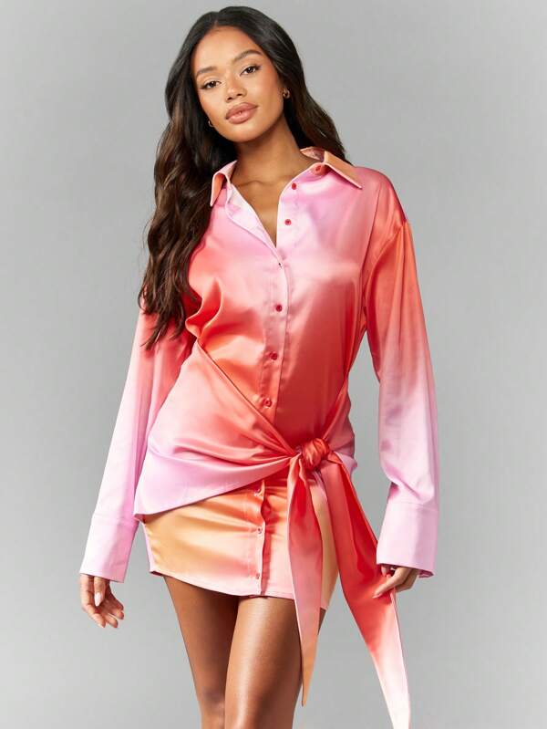 missguided MISSGUIDED Ombre Satin Knot Detail Shirt Mini Dress Cute Sundress