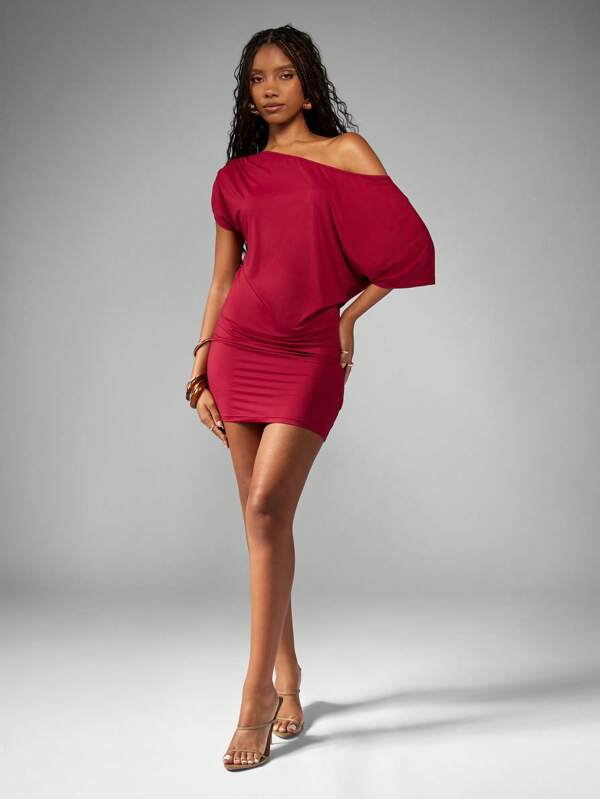 Missguided MISSGUIDED One Shoulder Asymmetric Bodycon Mini Dress With Balloon Sleeve Form Fitting