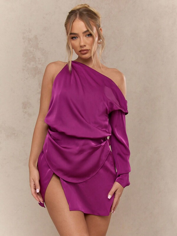 missguided MISSGUIDED One Shoulder Asymmetric Drape Mini Dress With Side Split