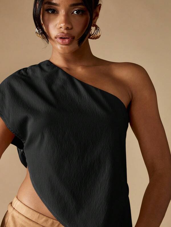 Missguided MISSGUIDED One Shoulder Asymmetrical Draped Blouse With Side Cut