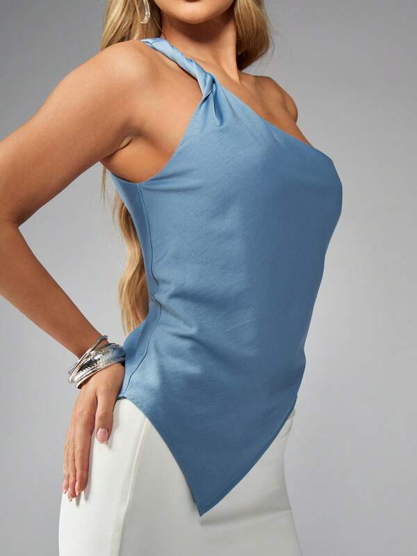 Missguided MISSGUIDED One Shoulder Asymmetrical Draped Satin Side Cutout Women Tops