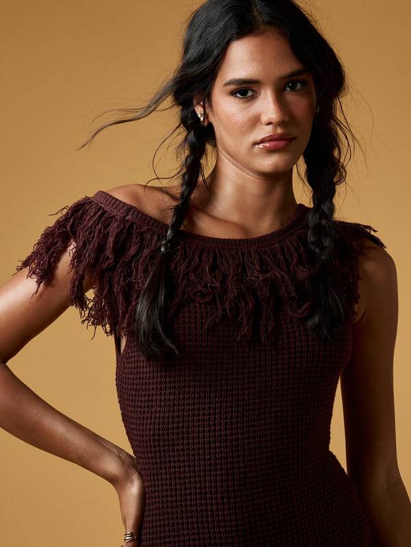 Missguided MISSGUIDED One Shoulder Bohemian Knit Mini Dress