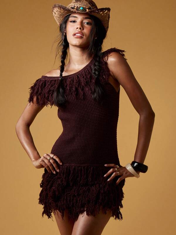 missguided MISSGUIDED One Shoulder Bohemian Knit Mini Dress