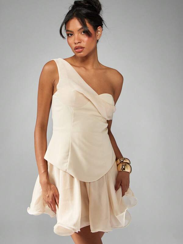 Missguided MISSGUIDED One Shoulder Corset Mini Dress With Layered Ruffle Skirt