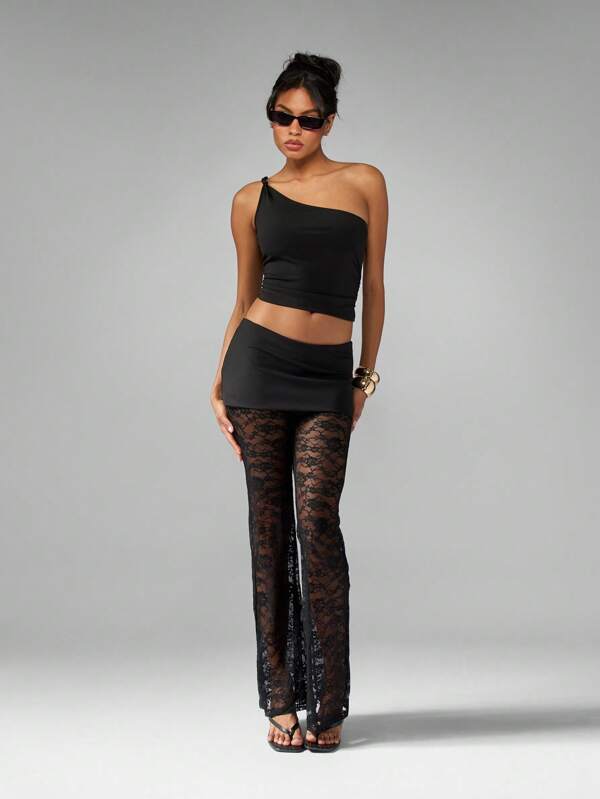 missguided MISSGUIDED One Shoulder Crop Top With Lace Flare Pants