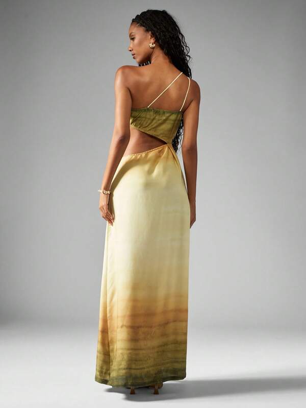 Missguided MISSGUIDED One Shoulder Cut Out Ombre Satin Side Slit Maxi Dress